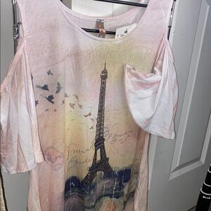 Desigual White and Pink Cut Out Blouse. Cold Shoulder with beading